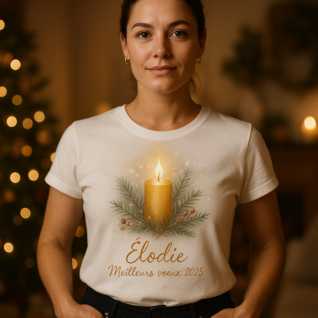 T-shirt blanc femme personnalisé – Esprit Noël 2025 chic