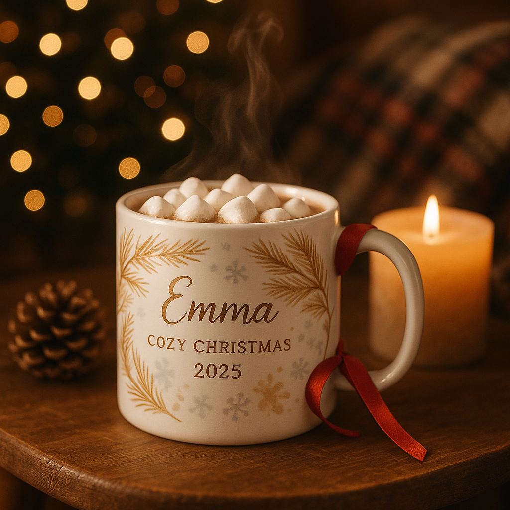 Mug blanc personnalisé Noël 2025 – design doré festif