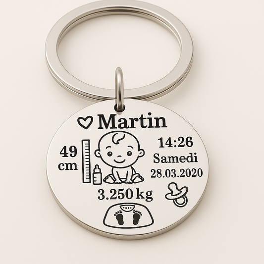 Porte-clé de naissance personnalisé garçon – Gravé avec les détails de bébé