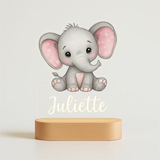 Personalized birth night light – Pink elephant with engraved first name