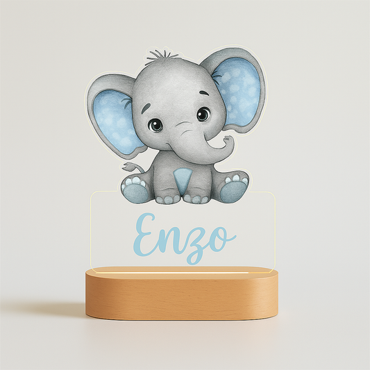 Veilleuse personnalisée naissance – éléphant bleu avec prénom gravé