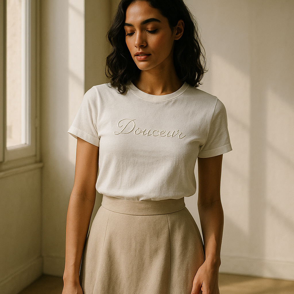 T-shirt blanc personnalisé femme – Coupe droite, coton doux et imprimé tendance