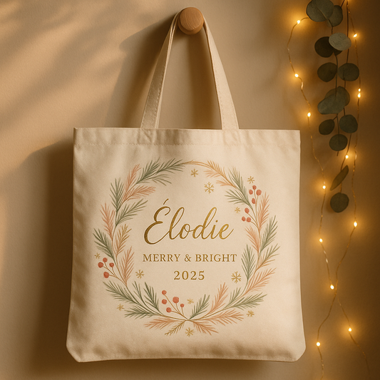 Tote bag blanc personnalisé esprit de Noël 2025