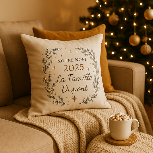 Coussin personnalisé Noël 2025 – Élégance & chaleur festive