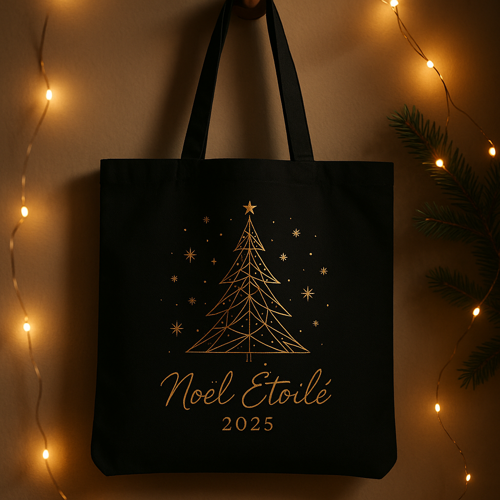 Tote bag noir personnalisé Noël 2025 – design chic doré