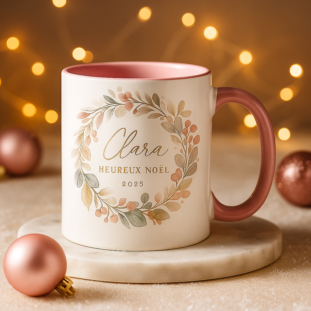 Mug rose personnalisé Noël 2025 – design féminin chic