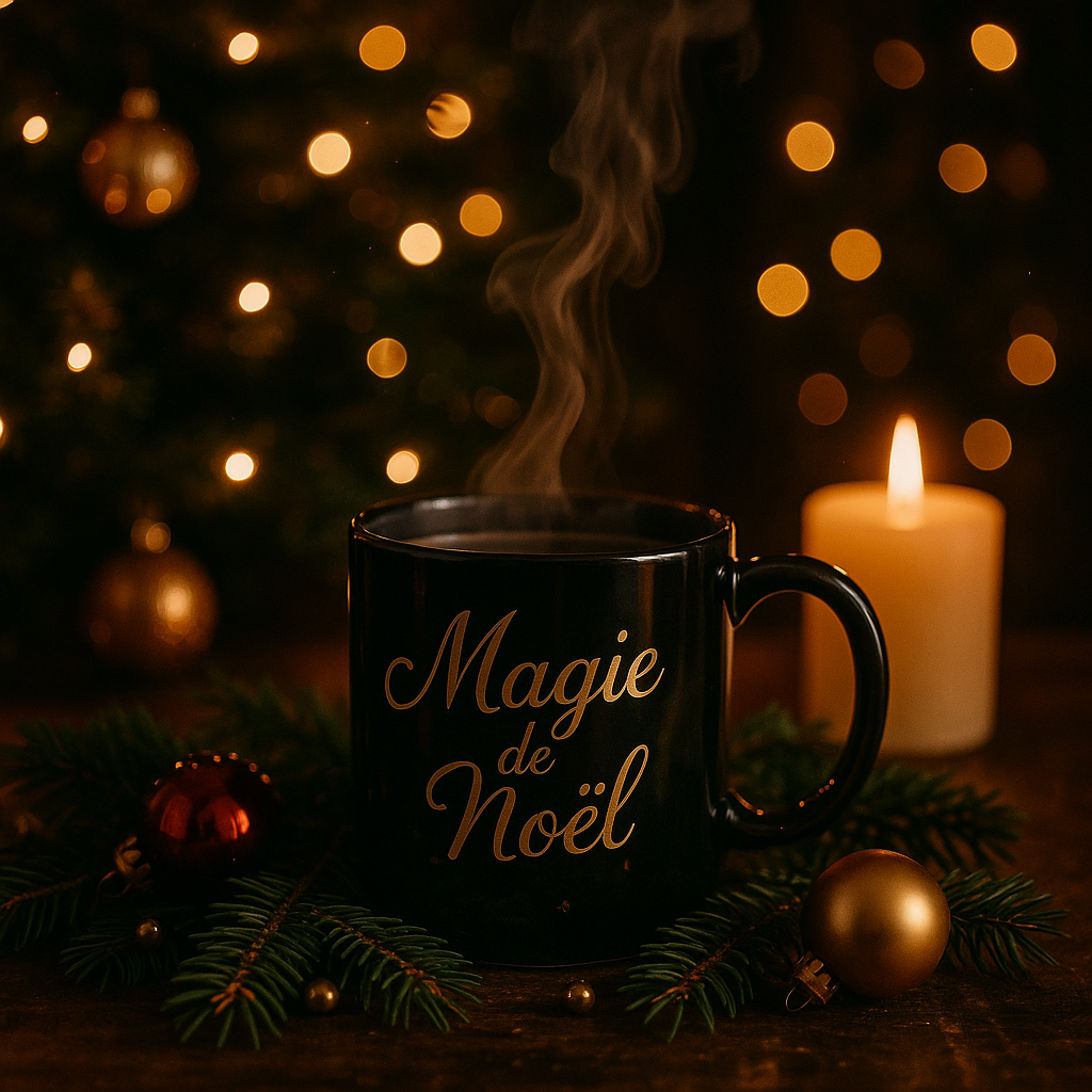 Mug noir brillant personnalisé Noël 2025 – édition luxe