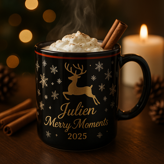 Mug noir brillant personnalisé Noël 2025 – édition luxe