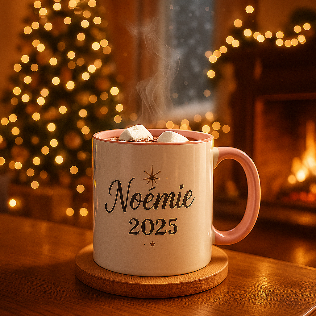 Mug rose personnalisé Noël 2025 – design féminin chic
