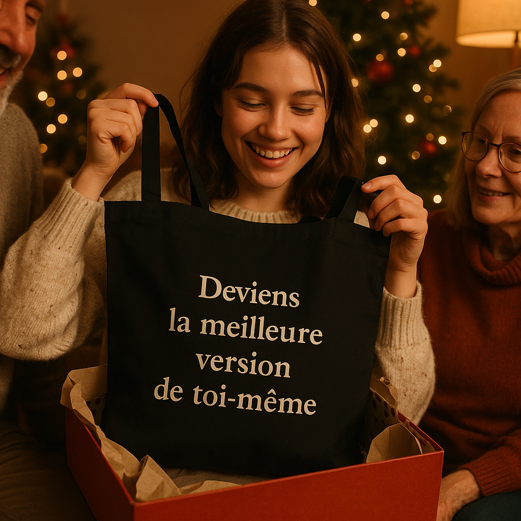 Tote bag noir personnalisé Noël 2025 – design chic doré